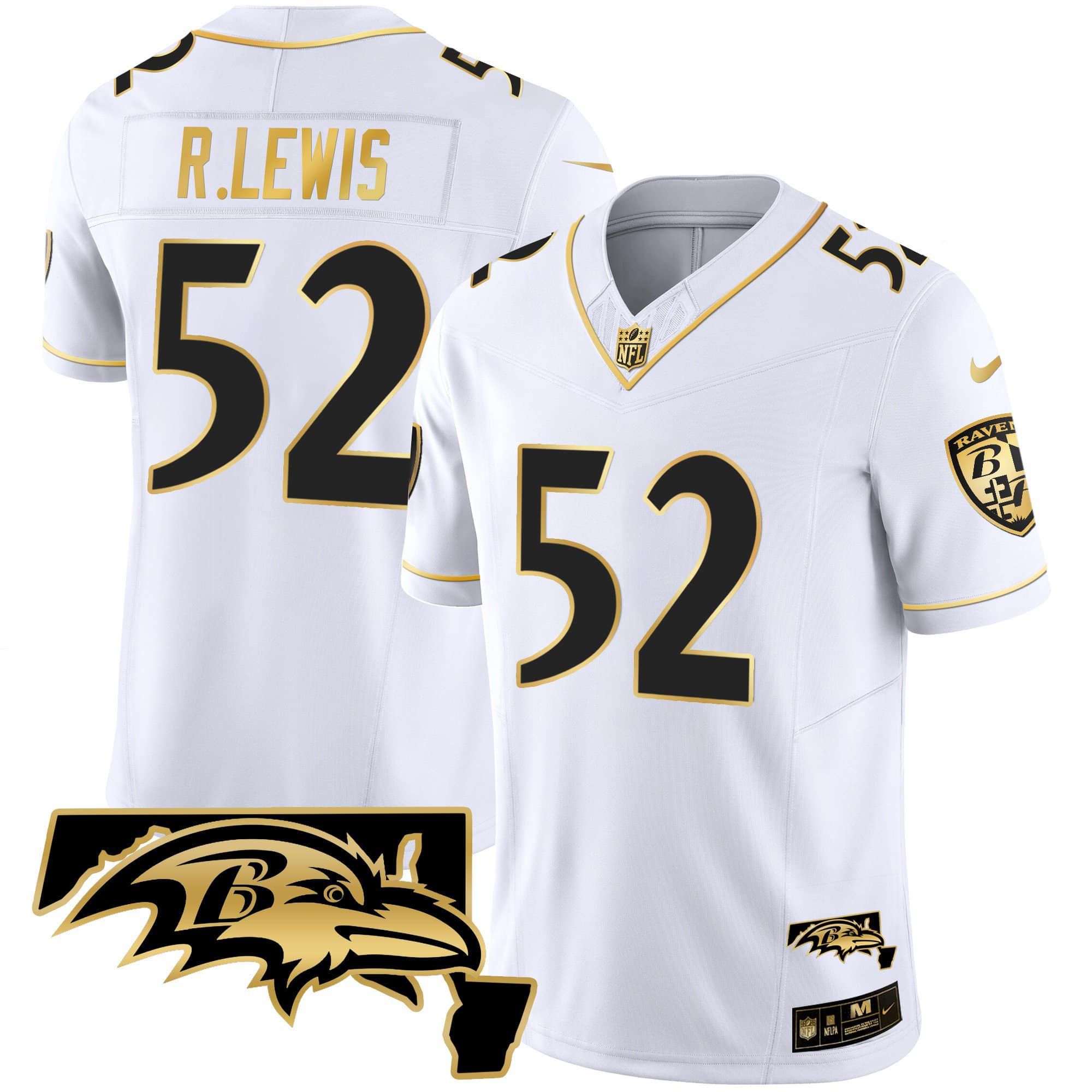 Men Baltimore Ravens #52 R.Lewis White Gold 2024 Nike Maryland Patch Vapor Limited NFL Jersey